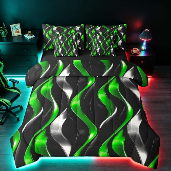 Manfei Gradient Stripes Twin Bedding, Shiny Abstract Lines Bedding Comforter Set, Green, Black and Silver, Black Reversible 7 Pieces