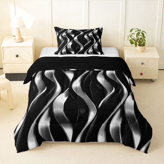 Manfei Gradient Stripes Twin Comforter Sets, Shiny Abstract Lines Bedding Set, Black and Silver, Black Reversible 2pcs, 1 Comforter and 1 Pillowcase
