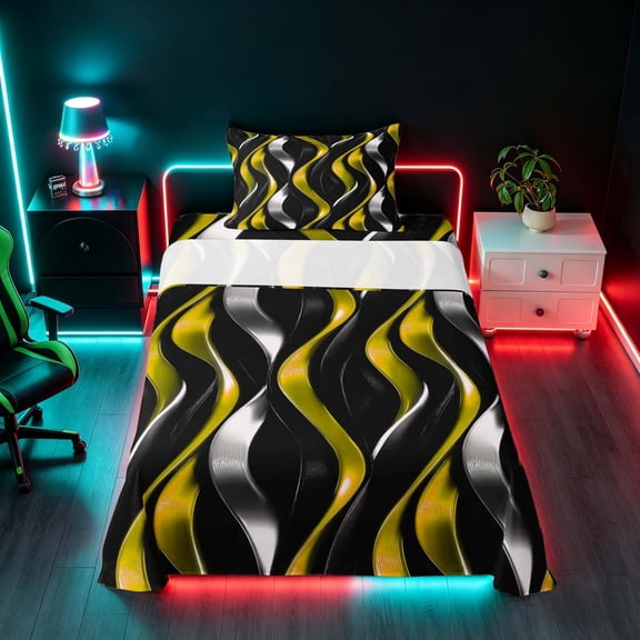 Manfei Gradient Stripes Twin Sheets, Shiny Abstract Lines Bedding, Gold, Black and Silver, Black Reversible 3-Piece1 Flat Sheet + 1 Fitted Sheet + 1 Pillowcase