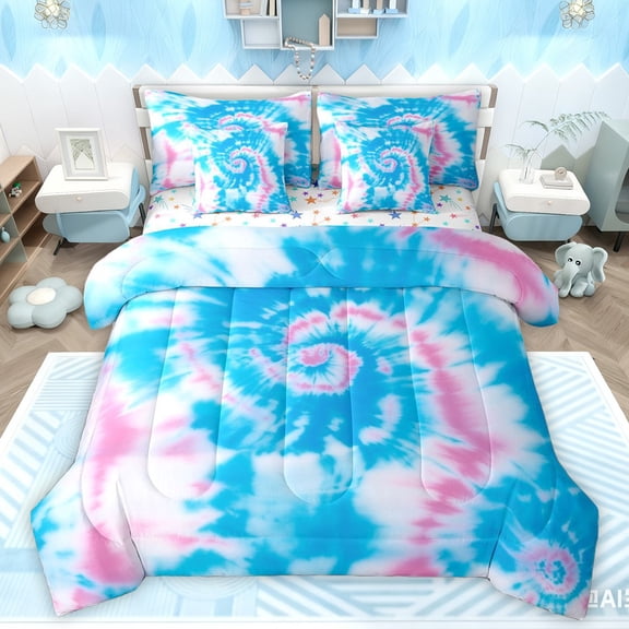 Manfei Gradient Tie Dye Bedding Comforter Set 7-Piece for Female Men Adults,Watercolor Artwork King Bedding Sets,Abstract Ombre Ultra Soft Bed Sheets,Ultra Soft Home Decor,Reversible