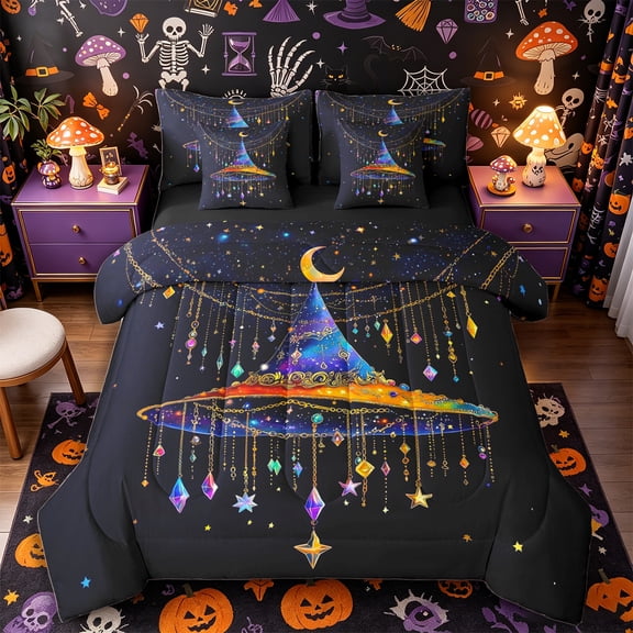 Manfei Gradient Witch Hat 7-Piece Twin Bedding, Halloween Cosmic Stars Print Bedding Comforter Set, Blue Gold Purple,Black Reversible
