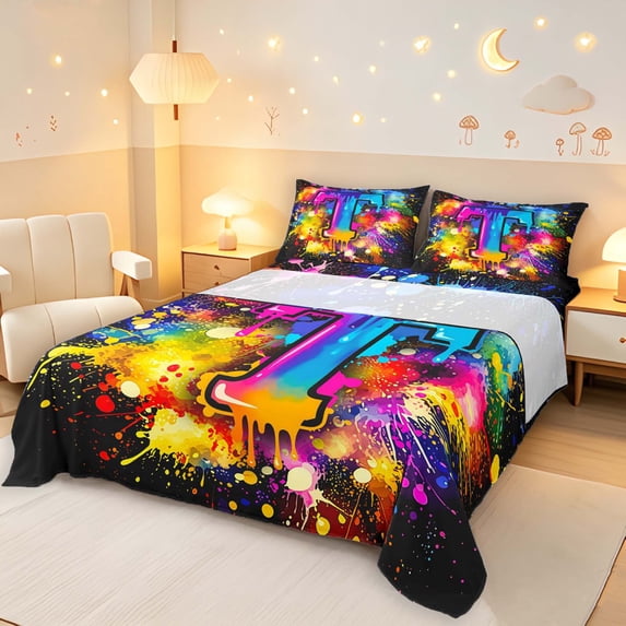 Manfei Graffiti Art Style Bed Sheets,Gradient Monogrammed T Full Size Sheets,Black,4pcs,1 Flat Sheet,1 Fitted Sheet and 2 Pillowcases