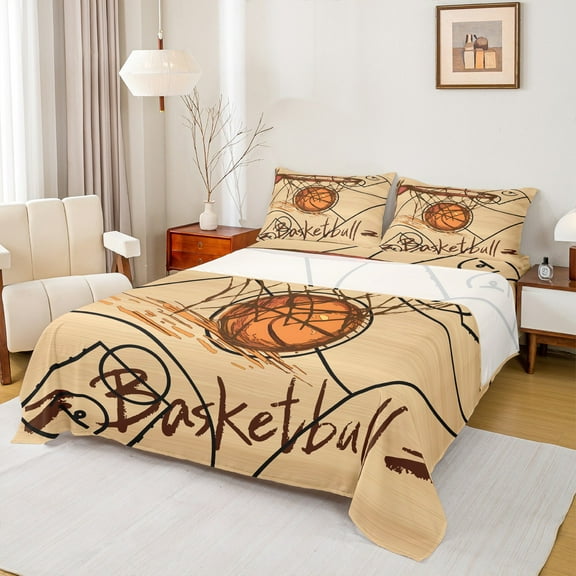 Manfei Graffiti Basketball Bed Sheets Twin,Gaming Sports Bedding Sets Twin Size,Brown Orange Sheet Set Twin For Boys,Ultra Soft Room Decoration,3 Pieces