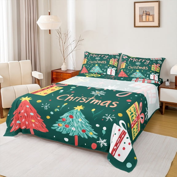 Manfei Graffiti Christmas Tree Twin Sheet Sets,Merry Xmas Twin Fitted Sheet,Cartoon Christmas Gifts Flat Sheet For Girls Kids,Microfiber Bedroom Decor,3-Piece
