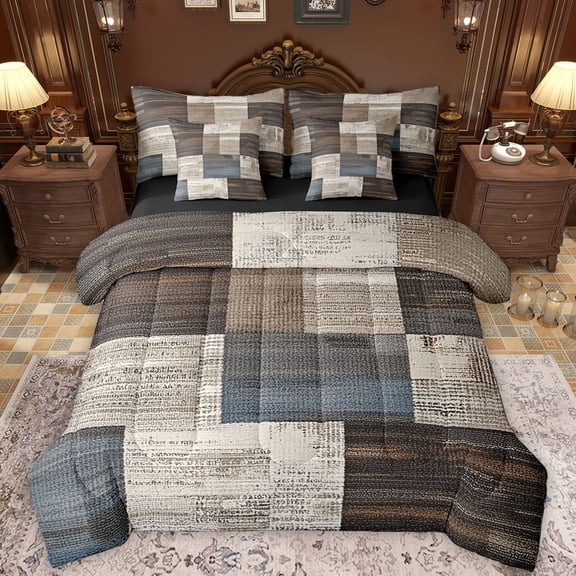 Manfei Graffiti Geometric Check 7pcs Bedding Comforter Set,Retro Patchwork Buffalo Queen Bedding Sets,Brown Gray Blue Queen Sheet Sets For Adults,Luxury Bedroom Decor Reversible