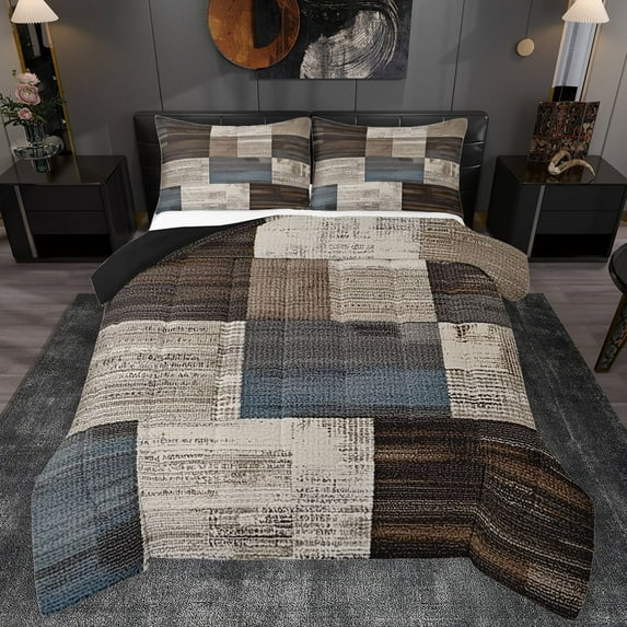 Manfei Graffiti Geometric Check Full Size Comforter Sets,Retro Patchwork Buffalo Bedding Comforter Set,Brown Gray Blue Bedding Sets For Adults,Luxury Bedroom Decor Reversible,3 Pieces