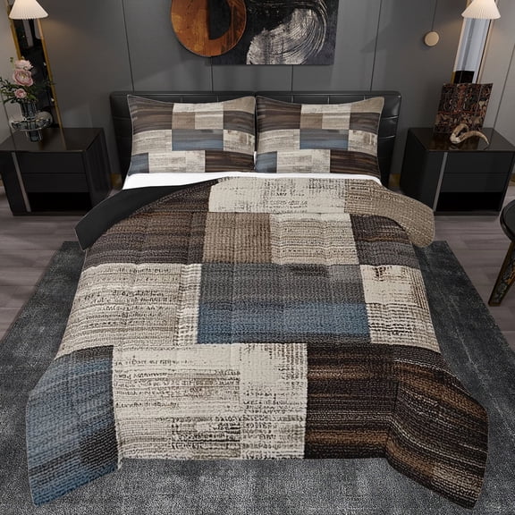 Manfei Graffiti Geometric Check Full Size Comforter Sets,Retro Patchwork Buffalo Bedding Comforter Set,Brown Gray Blue Bedding Sets For Adults,Luxury Bedroom Decor Reversible,3 Pieces