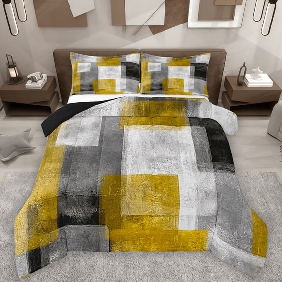Manfei Graffiti Geometric Check Full Size Comforter Sets,Retro Patchwork Buffalo Bedding Comforter Set,Yellow White Gray Bedding Sets For Adults,Luxury Bedroom Decor Reversible,3pcs