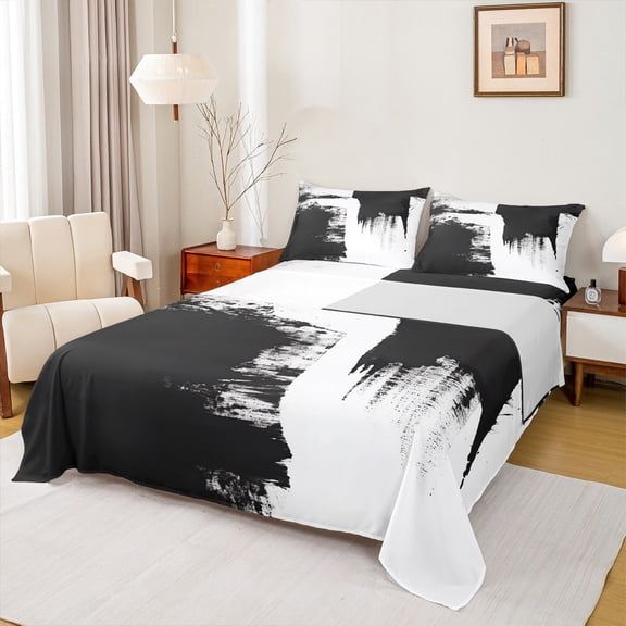 Manfei Graffiti Geometric Queen Sheet Sets,Ink Painting Aesthetic Flat Sheet,White Black Queen Fitted Sheet For Kids,Super Cozy Room Decor,4pcs