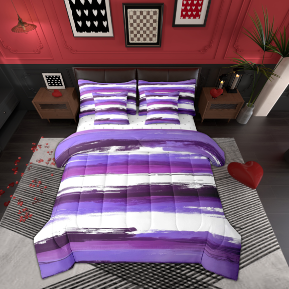 Manfei Graffiti Geometric 7-Piece Bedding Comforter Set,Geometric Stripes Lines King Bedding Sets,Purple White Bed Sheets For Girls,Breathable Home Decor Reversible