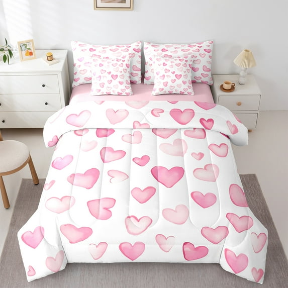 Manfei Graffiti Heart Print 7pcs Bedding Comforter Set,Cartoon Pattern Queen Bedding Sets,White Pink Ombre Queen Sheet Sets For Princess,Ultra Soft Home Decor Reversible
