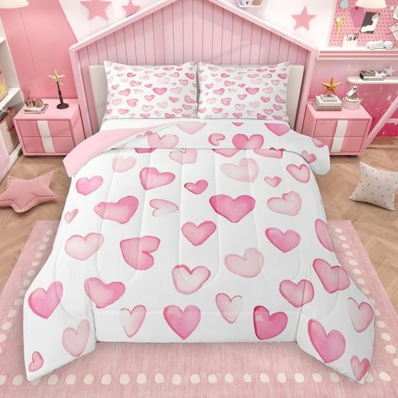Manfei Graffiti Heart Print Bedding Comforter Set,Cartoon Pattern Twin Comforter Sets,White Pink Ombre Bedding Set For Princess,Ultra Soft Home Decor Reversible,2 Pieces