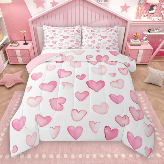 Manfei Graffiti Heart Print Bedding Comforter Set,Cartoon Pattern Twin Comforter Sets,White Pink Ombre Bedding Set For Princess,Ultra Soft Home Decor Reversible,2 Pieces