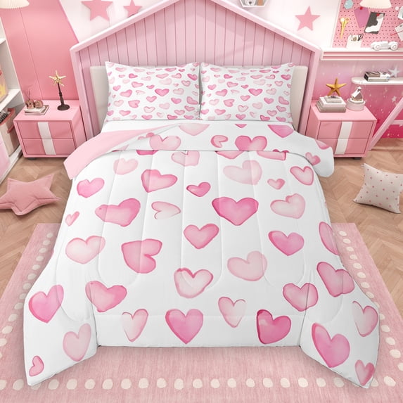 Manfei Graffiti Heart Print Full Size Comforter Sets,Cartoon Pattern Bedding Comforter Set,White Pink Ombre Bedding Sets For Princess,Ultra Soft Home Decor Reversible,3pcs