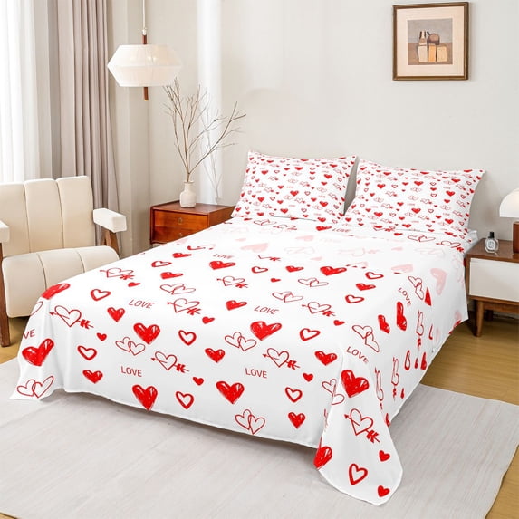 Manfei Graffiti Hearts Loves Queen Sheet Sets,Valentine Gift Flat Sheet,Red White Queen Fitted Sheet For Girls Kids,Luxury Bedroom Decor,4 Pieces