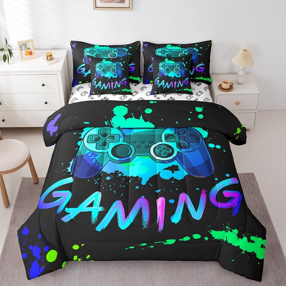 Manfei Graffiti Hippie Gamepad Bed in a Bag Queen Size,Colorful Splashing Ink Bed Set,Gamer Gaming Bedding Queen Size For Boys Kids,Super Cozy Bedroom Decor Reversible,7 Pieces