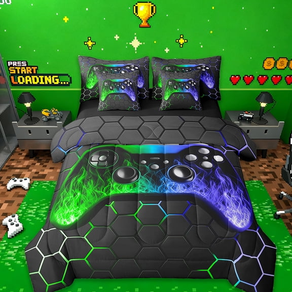 Manfei Graffiti Hippie Gamepad Bedding Sets Twin Size,Green Blue Ombre Comforter Sets with Sheets,Gamer Gaming Bed in a Bag Twin Size For Boys Kids,Super Cozy Bedroom Decor Reversible,7-Piece