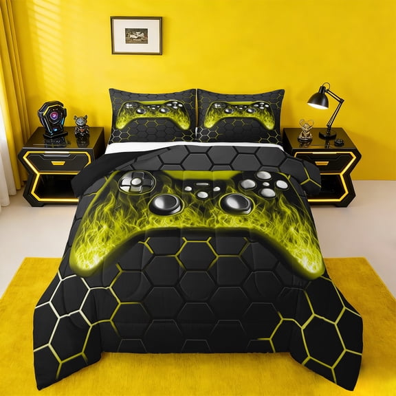 Manfei Graffiti Hippie Gamepad Bedding Twin Comforter Set,Yellow Black Ombre Down Comforter,Gamer Gaming Bedding Sets Twin with Comforter For Boys Kids,Super Cozy Bedroom Decor Reversible,2 Pieces