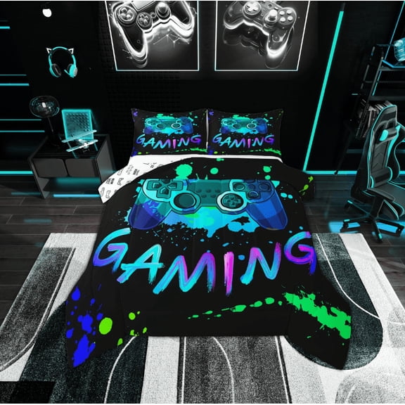 Manfei Graffiti Hippie Gamepad Comforter Sets Full Size,Colorful Splashing Ink Comforters & Duvets,Gamer Gaming Bedding Full Comforter Set For Boys Kids,Super Cozy Bedroom Decor Reversible,3-Piece