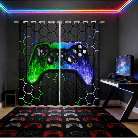 Manfei Graffiti Hippie Gamepad Curtains Pack of 2 (42x63),Green Blue Ombre Black Out Curtains,Gamer Gaming Curtains for Living Room For Boys Kids,Super Cozy Bedroom Decor