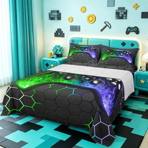 Manfei Graffiti Hippie Gamepad Sheet Set Twin,Green Blue Ombre Bedding Sets Twin Size,Gamer Gaming Twin Sheet Sets For Boys Kids,Super Cozy Bedroom Decor,3-Piece