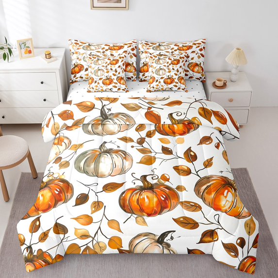 Manfei Graffiti Pumpkin Bedding Comforter Set 7-Piece,Rustic Framhouse Cabin Queen Bedding Sets,Autumn Leaves Queen Sheet Sets,Breathable Room Decor Reversible