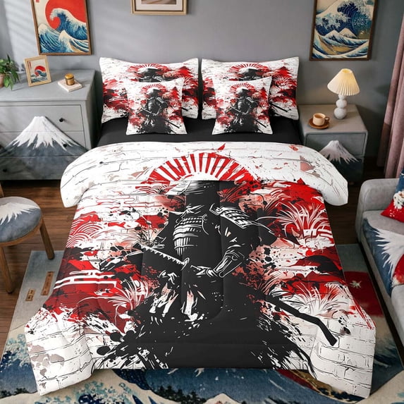 Manfei Graffiti Samurai Bedding Comforter Set for Boys Men, Red Wave King Bedding Sets, Black Red White, Black Reversible7 Pieces