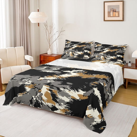 Manfei Graffiti Splash 3pcs Twin Sheet Sets for Teens Female Men,Abstract Camouflage Twin Fitted Sheet,Black Brown Grey Breathable Flat Sheet,Ultra Soft Home Decor