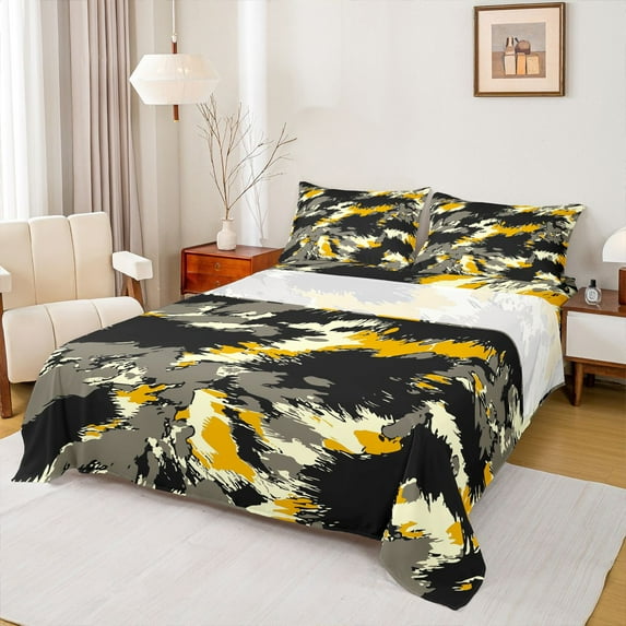 Manfei Graffiti Splash 4pcs Bed Sheets for Teens Female Men,Abstract Camouflage King Sheets,Black Orange Grey Super Cozy Sheet Set,Ultra Soft Home Decor