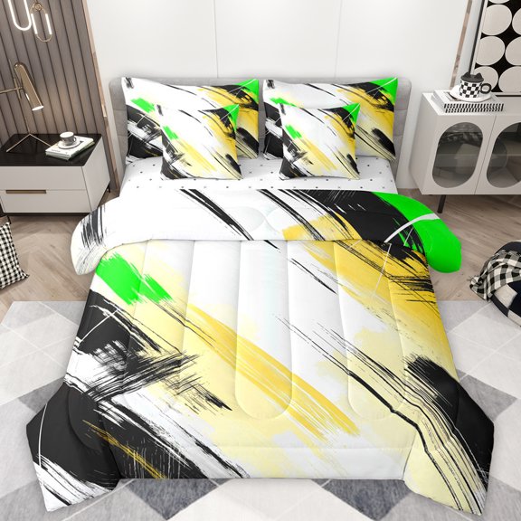 Manfei Graffiti Strieps Lines 7-Piece Bedding Comforter Set,Modern Graffiti Artwork King Bedding Sets,Yellow White Green Bed Sheets For Men Women,Ultra Soft Home Decor Reversible
