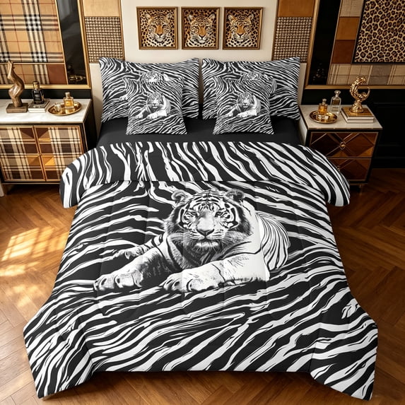 Manfei Graffiti Tiger Twin Bedding, Abstract Zebra Print Bedding Comforter Set, White Gray, Black Reversible, 7pcs