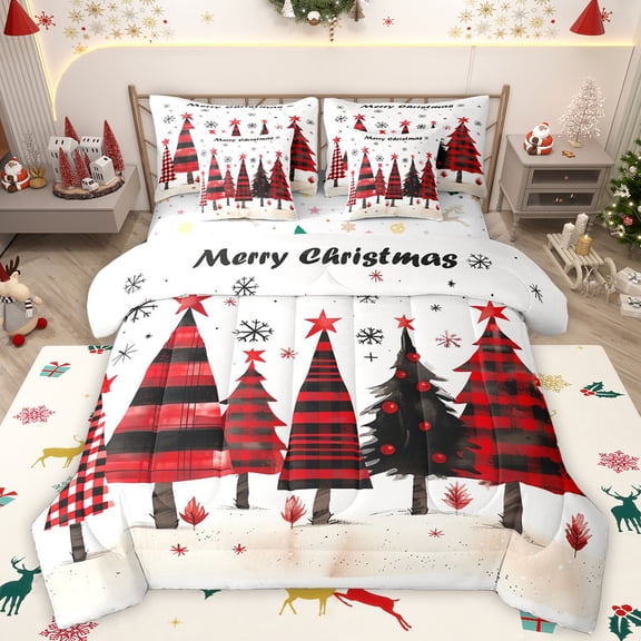 Manfei Graffiti Xmas Tree 7-Piece Twin Bedding Sets,Merry Christmas Bedding Comforter Set,Red Black Ink Sheet Sets For Girl Kids,Ultra Soft Home Decor Reversible