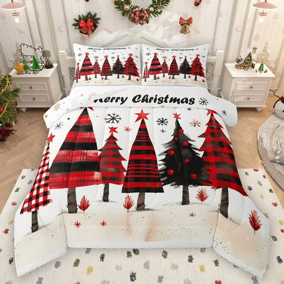 Manfei Graffiti Xmas Tree Queen Comforter Set,Merry Christmas Bedding Sets,Red Black Ink Bedding Comforter Set For Girl Kids,Ultra Soft Home Decor Reversible,3-Piece
