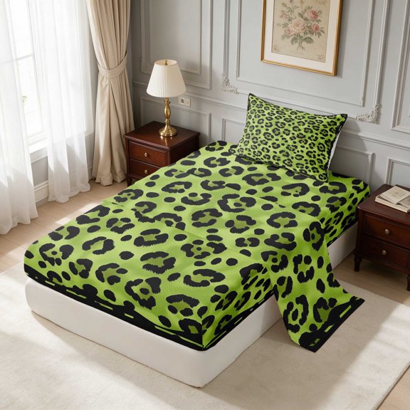 Manfei Grass Green Leopard Twin Sheets, Fresh Rosette Spot Bedding 3pcs (1 Flat Sheet, 1 Fitted Sheet and 1 Pillowcase)