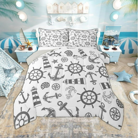 Manfei Gray Anchor Rudder Bedding Comforter Set, Coastal Lighthouse Twin Comforter Sets, Nautical Bedding Set, Ultra Soft Bedroom Decor Reversible 2 Pieces