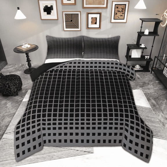 Manfei Gray Black Full Size Comforter Sets, Geometric Buffalo Plaid Bedding Comforter Set, Aesthetic Grid Checkered Bedding Sets, Breathable Home Decor, 3-Piece Reversible