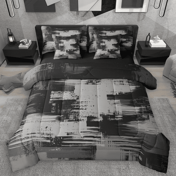 Manfei Gray Black Ombre Bedding Comforter Set 7pcs, Abstract Oil Painting King Bedding Sets, Watercolor Gradient Bed Sheets, Ultra Soft Home Decor