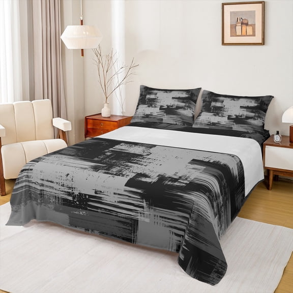 Manfei Gray Black Ombre Full Size Sheets 4-Piece, Abstract Oil Painting Bed Sheets, Watercolor Gradient Sheet Sets, Ultra Soft Home Decor