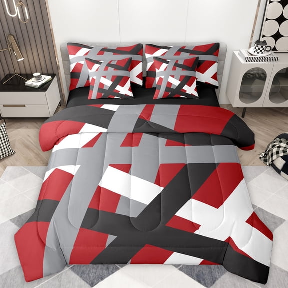 Manfei Gray Black Stripes 7-Piece Bedding Comforter Set,Abstract Geometric Lines King Bedding Sets,Minimalist Stripe Bed Sheets For Girls Kids,Microfiber Bedroom Decor Reversible