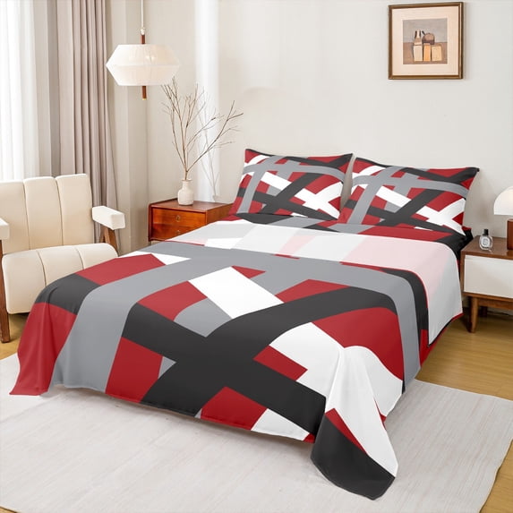 Manfei Gray Black Stripes Twin Sheet Sets,Abstract Geometric Lines Twin Fitted Sheet,Minimalist Stripe Flat Sheet For Girls Kids,Microfiber Bedroom Decor,3pcs