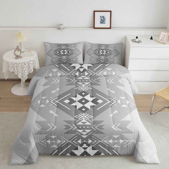 Manfei Gray Boho Bohemain King Size Comforter Sets,Aztec Floral Bedding Comforter Set,Bohemain Geometry Bedding Set,Breathable Room Decorative Reversible,3 Pieces