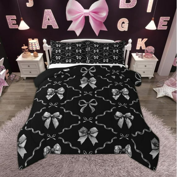 Manfei Gray Bow Knot Full Size Comforter Sets for Girls, Dreamy Bowtie Bedding Comforter Set, Watercolor Bowknot Ribbon Bedding Sets, Lightweight Bedroom Decor, Reversible 3 Pieces