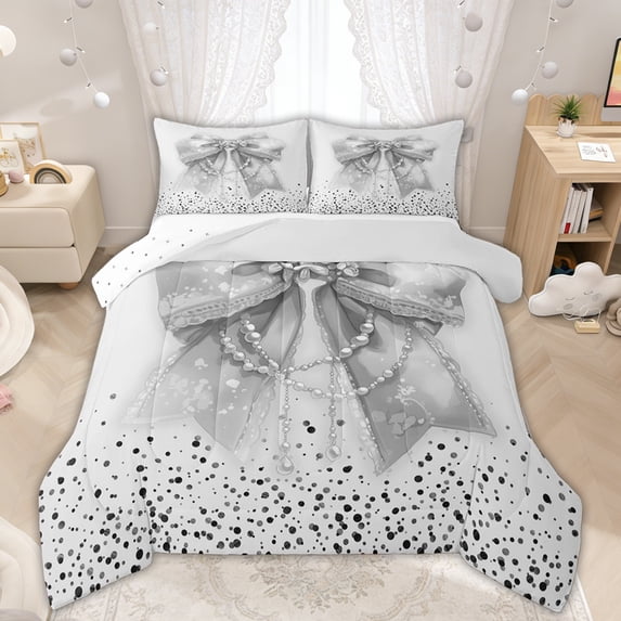 Manfei Gray Bow Pearl Princess Queen Comforter Set for Girls, Cute Ribbon Bedding Comforter Set, Reversible, 3-Piece