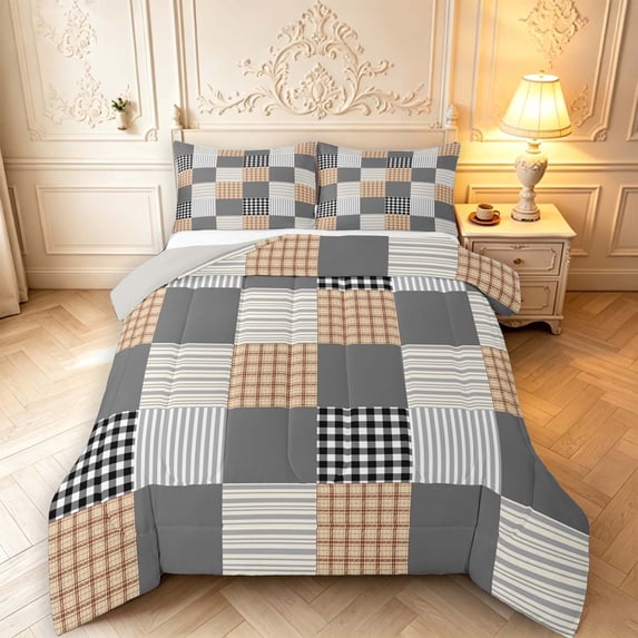 Manfei Gray Brown Geometric Check Full Size Comforter Sets,Classic Plaid Bedding Comforter Set,Light Gray Reversible,3-Piece,1 Comforter and 2 Pillowcases,3-Piece,1 Comforter and 2 Pillowcases