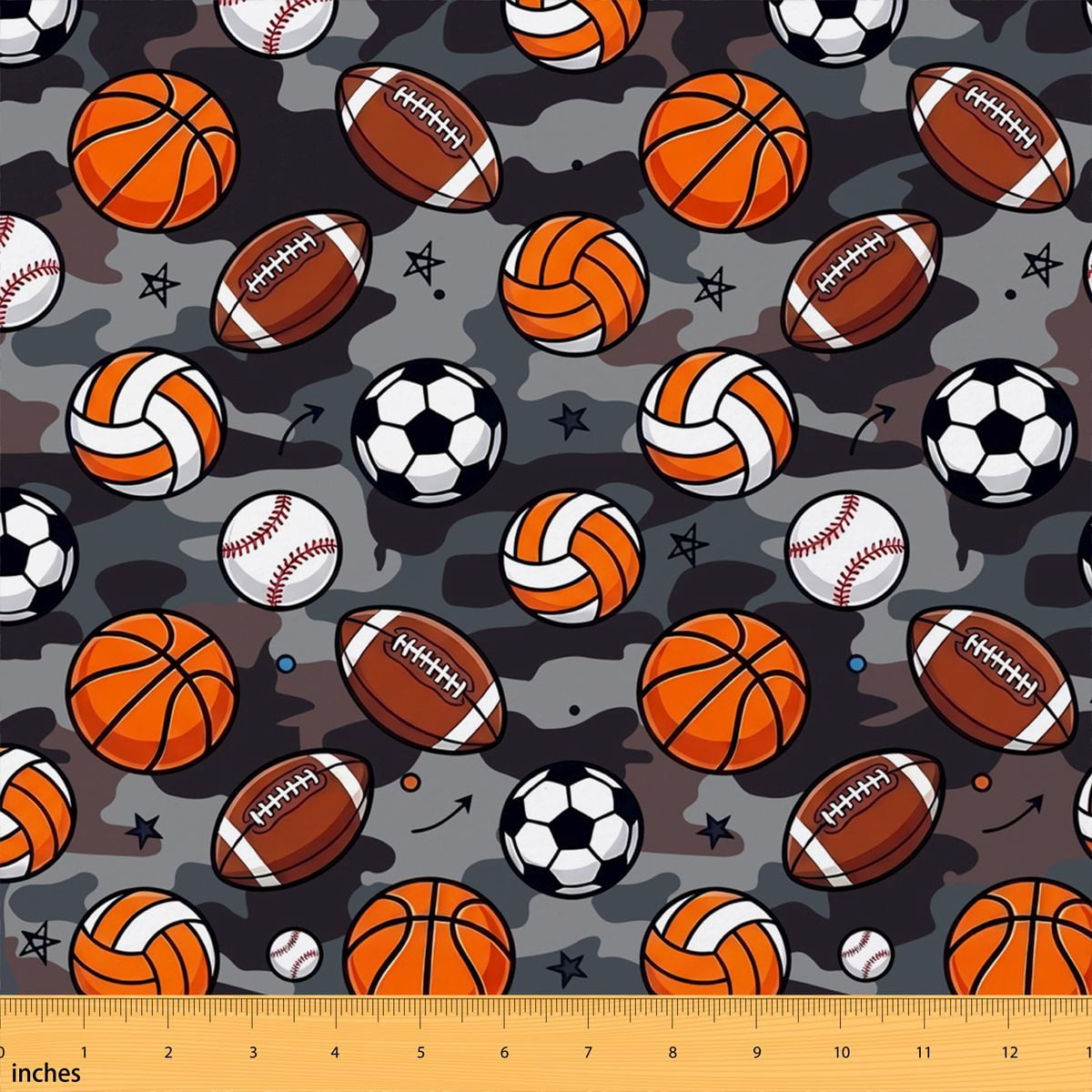 Manfei Gray Camo Ball Fabric by the Yard 1 Yard, Basketball Football ...