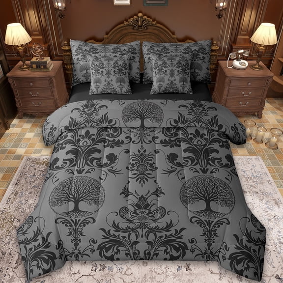Manfei Gray Damask Jacquard Twin Bedding Sets 7 Pieces,Tree Of Life Bedding Comforter Set 7 Pieces,Gothic Flower Floral Sheet Sets,Super Cozy Room Decoration Reversible