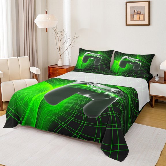 Manfei Gray Game Controller Full Size Sheets, Teens Gamer Gaming Bed Sheets, Green Geometric Lines Sheet Sets, Breathable Home Decor 4-Piece