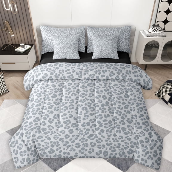 Manfei Gray Leopard Hide 7 Pieces Bedding Comforter Set,Jungle Cheetah Print Full Bedding Set,Wildlife Animal Pattern Fitted Sheet Flat Sheet For Teens,Microfiber Bedroom Decor Reversible