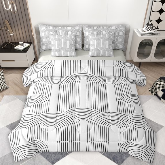 Manfei Gray Stripe 7-Piece Twin Bedding Sets,Abstract Geometric Lines Bedding Comforter Set,Modern Art Sheet Sets For Girls Kids,Microfiber Bedroom Decor Reversible