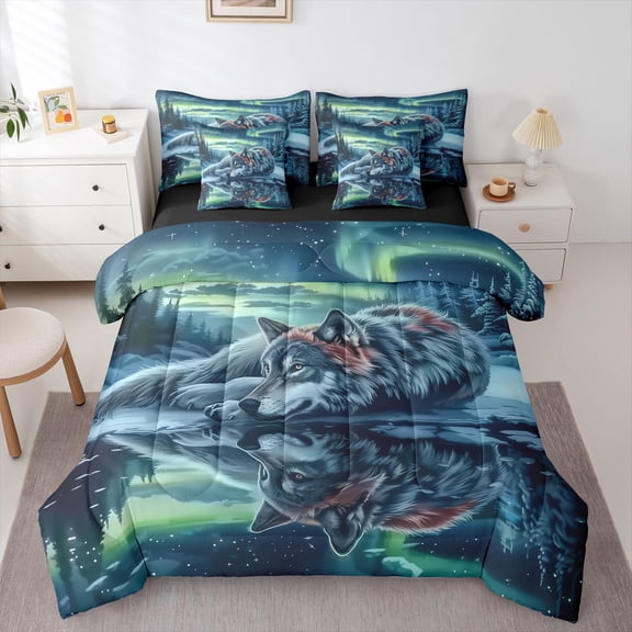 Manfei Gray Wolf 7-Piece Twin Bedding,Icy Woodland Pattern Bedding Comforter Set,Black Reversible